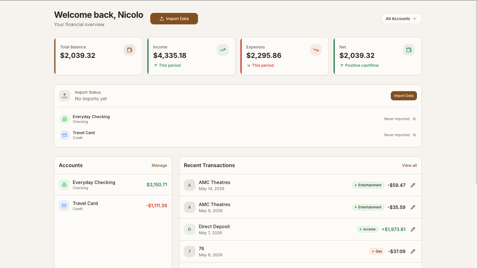 Zedi dashboard: welcome screen with balance, income, expenses, and recent transactions